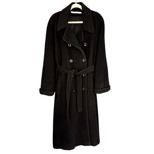 90s Y2K Vintage‎ Perry Ellis Black Alpaca Wool Long Sherpa Belted Trench Coat